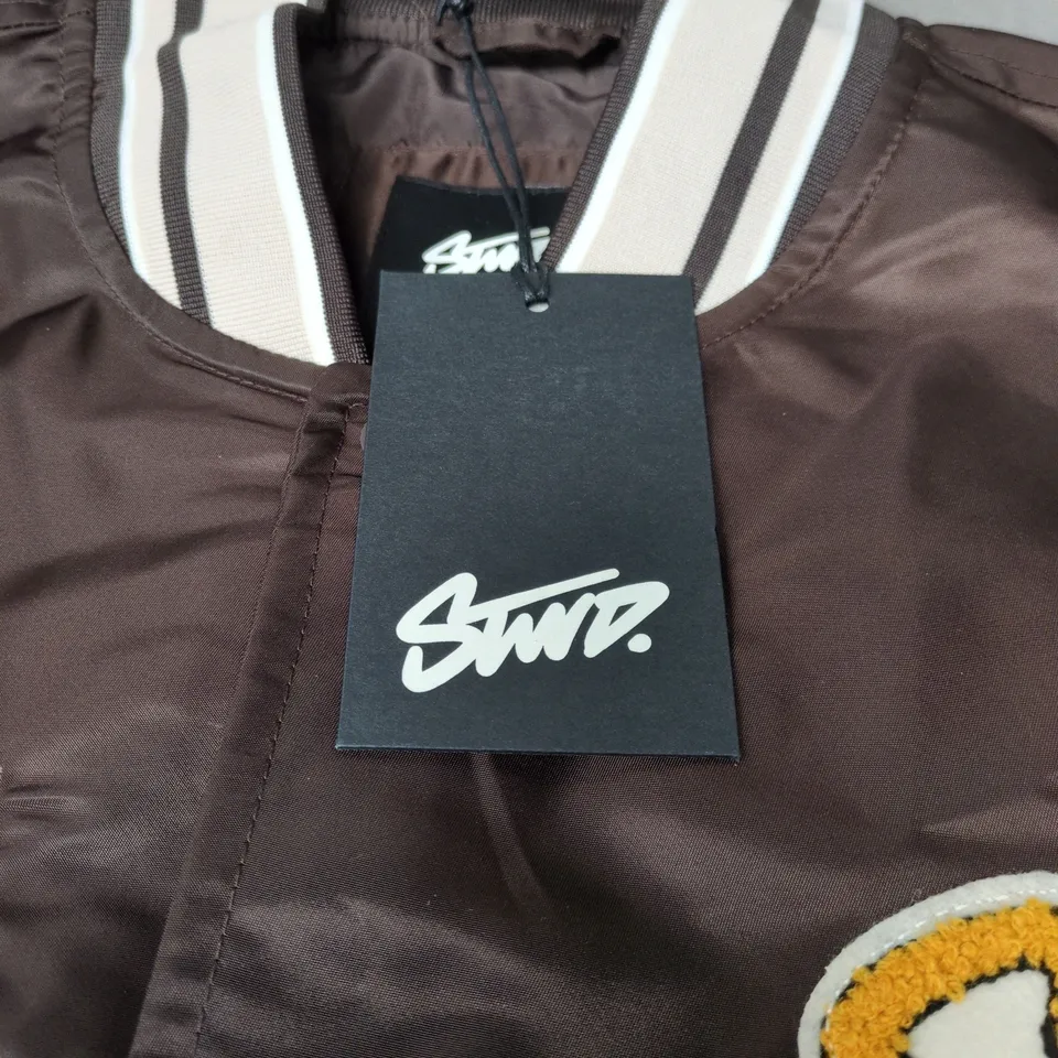 PULL & BEAR STWD BROWN SATIN VARSITY BOMBER JACKET WITH WHITE SLEEVES, SIZE M