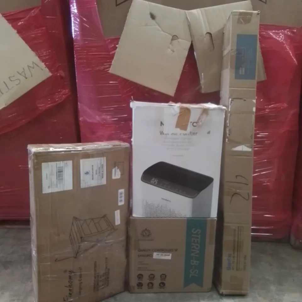PALLET OF ASSORTED HOUSEHOLD GOODS AND FURNITURE TO INCLUDE; WIFI AIR PURIFIER, BARRINA LED INTEGRATED LIGHT, FINNHOMY CAMPING CABINET ETC