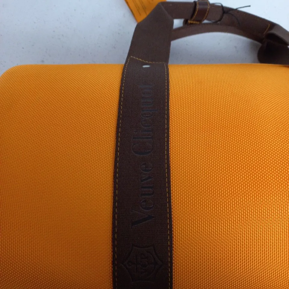 VEUVE CLICQUOT TRAVELLER BOTTLE COOLER TRAVEL CASE - ORANGE WITH BROWN STRAPS