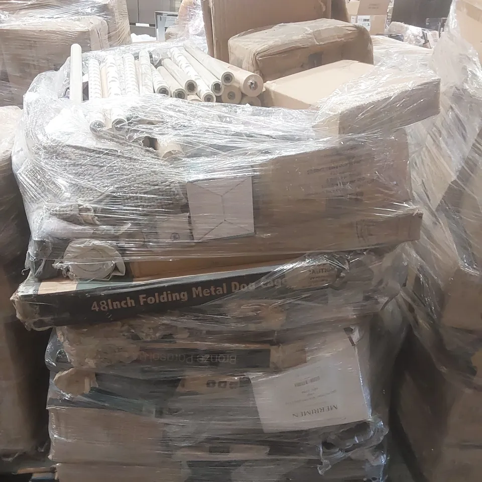 PALLET OF ASSORTED E-COMMERCE GOODS AND PRODUCTS TO INCLUDE: PARASOL BASE, FOLDING DOG CAGE, WRAPPING PAPER, BATH MAT ECT