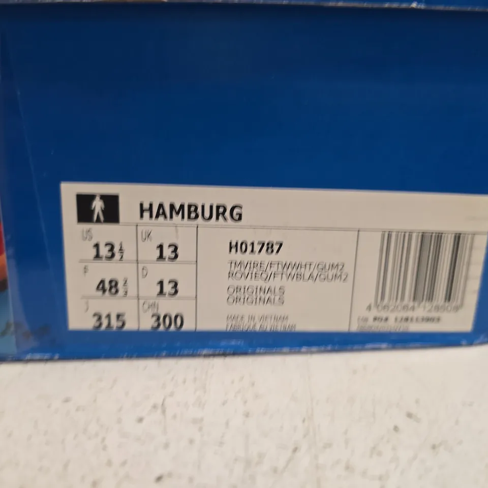 BOXED PAIR OF ADIDAS HAMBURG RED SUEDE SNEAKERS – UK 13 – MEN'S
