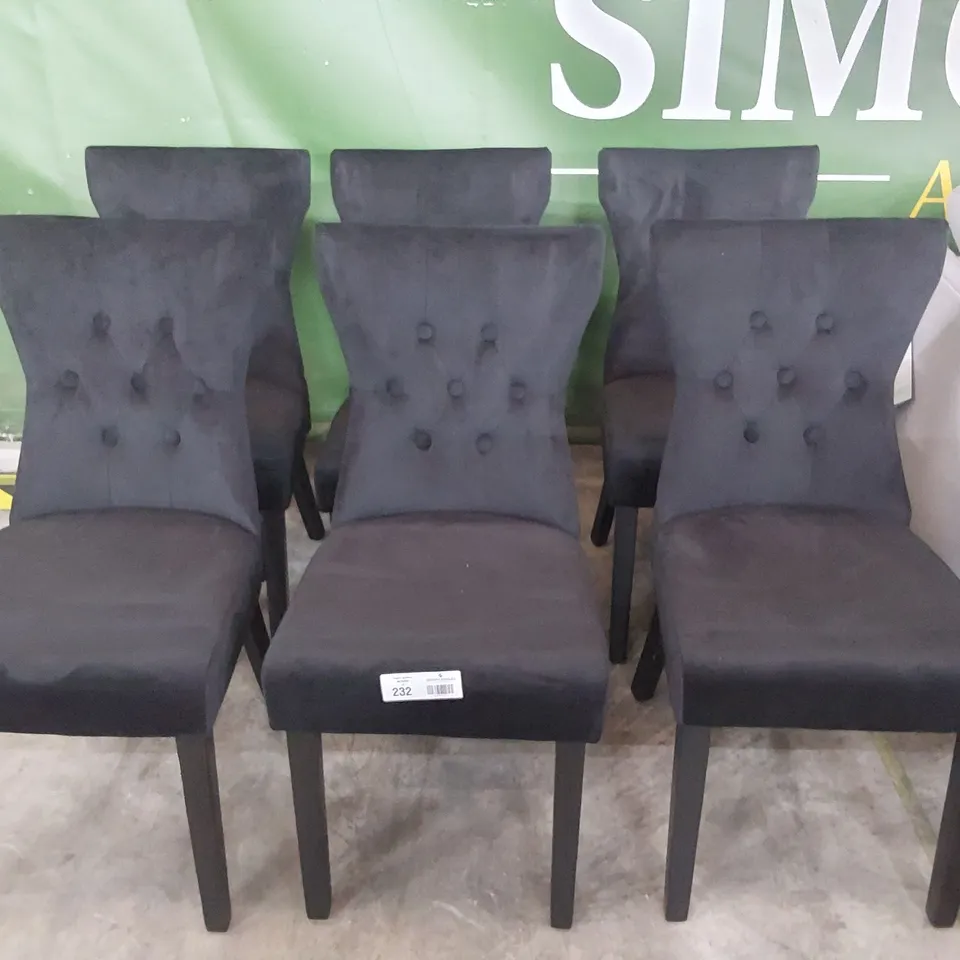 SET OF SIX DESIGNER UPHOLSTERED BUTTONED RING BACK DINING CHAIRS BLACK PLUSH FABRIC WITH STUDDED DETAIL 
