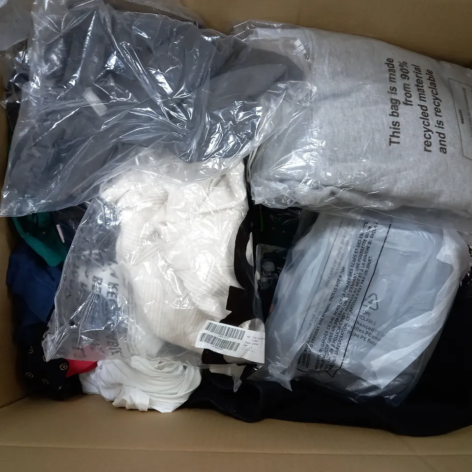 LARGE BOX OF ASSORTED CLOTHING ITEMS IN VARIOUS COLOURS AND SIZES INCLUDING TROUSERS , TOPS AND JUMPERS 