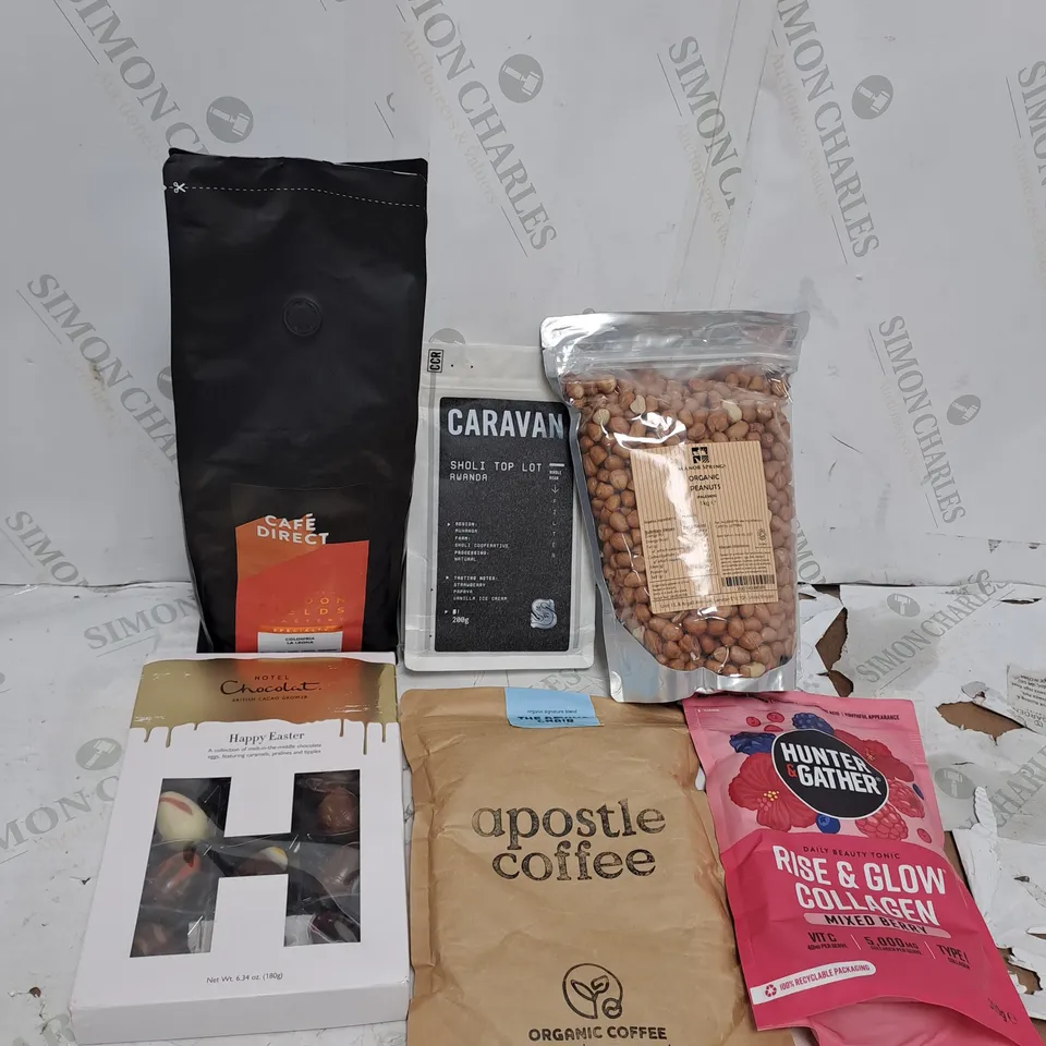 TOTE OF ASSORTED FOOD AND DRINK TOO INCLUDE COFFEE , CHOCOLATE , PROTEIN , ETC 