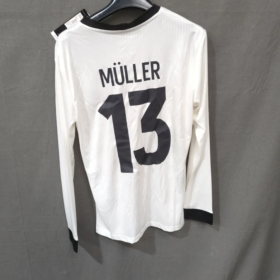 ADIDAS GERMANY NATIONAL TEAM FOOTBALL JERSEY – MÜLLER 13, SLIM FIT, SIZE S (WHITE)