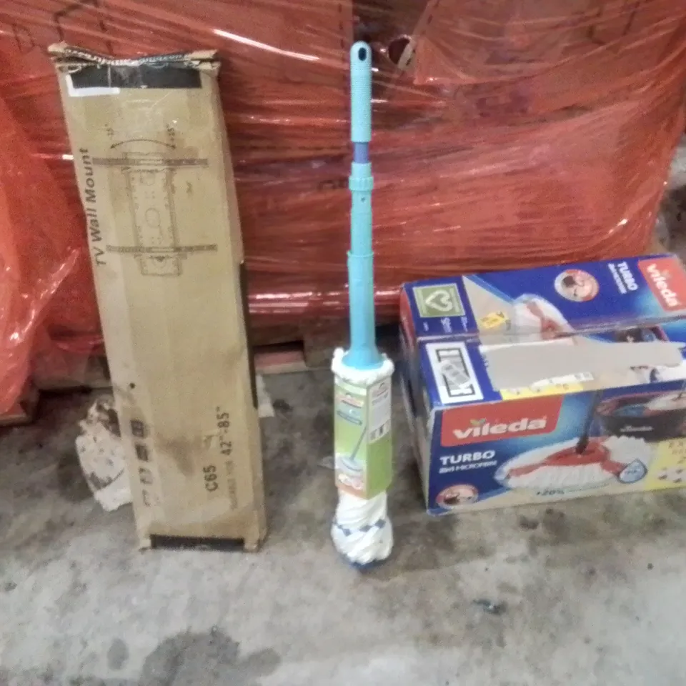 PALLET OF ASSORTED HOUSEHOLD GOODS AND PRODUCTS TO INCLUDE;TV WALL MOUNT,TWIST MOP,TURBO MOP