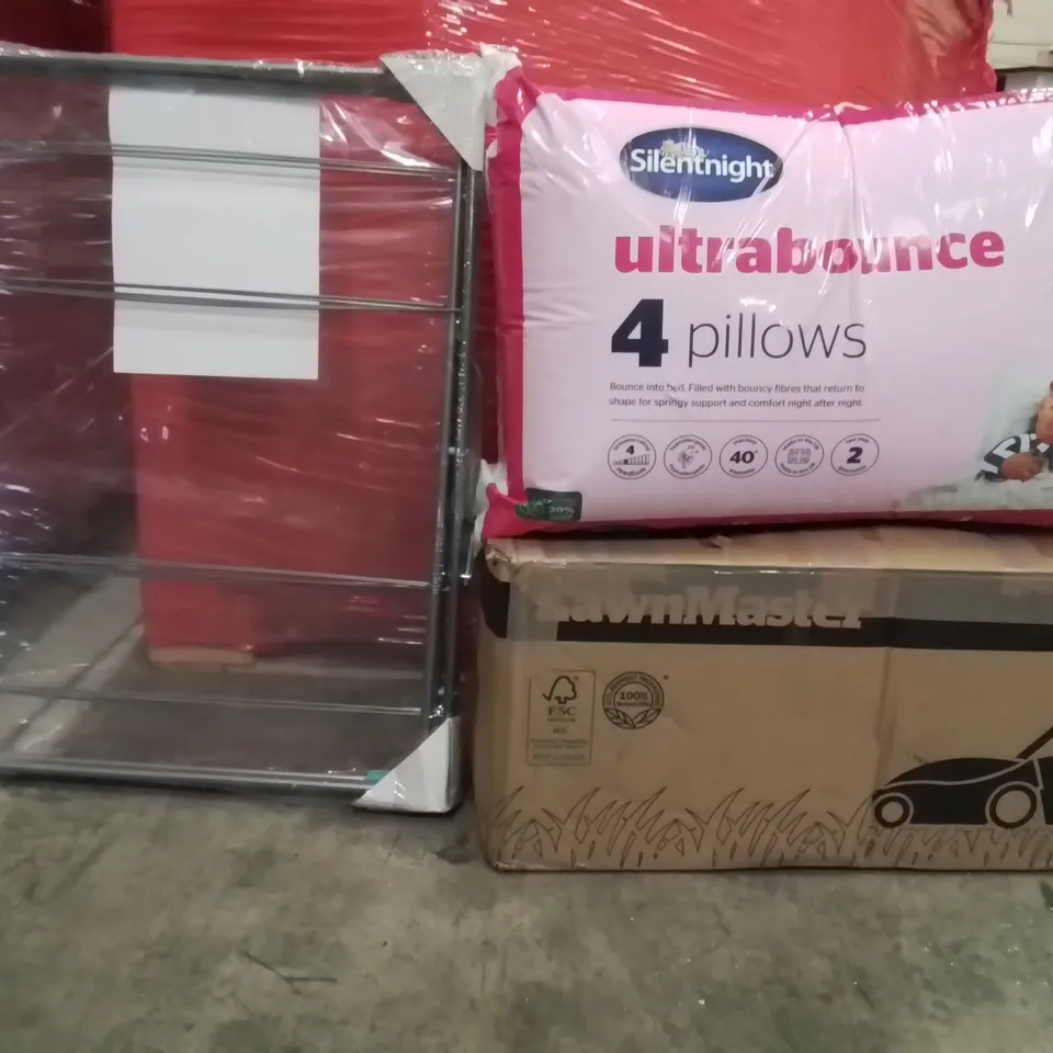 PALLET OF ASSORTED HOUSEHOLD GOODS AND PRODUCTS TO INCLUDE;SILENT NIGHT ULTRABOUNCE PILLOWS,LAWNMOWER,DRYING RACK