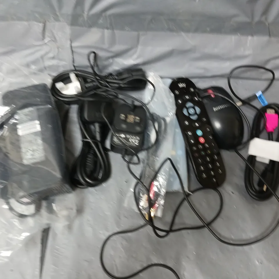 APPROXIMATELY 12 ASSORTED HOUSEHOLD ITEMS TO INCLUDE REMOTES, POWER CABLES, ETC