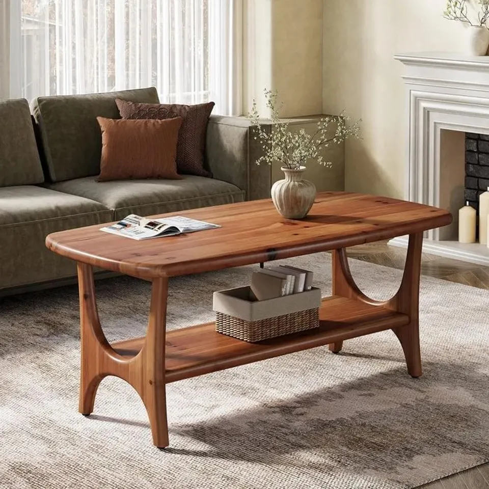 BOXED 47.24" MID-CENTURY MODERN SOLID WOOD COFFEE TABLE, TWO-TIER RECTANGLE CENTER TABLE