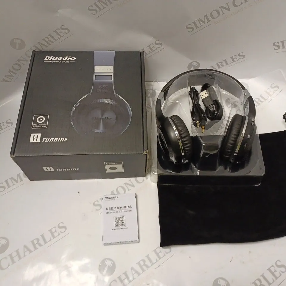 BOXED BLUEDIO HURRICANE BLUETOOTH WIRELESS HEADSET WITH CARRY BAG, USB/AUDIO CABLES AND USER MANUAL
