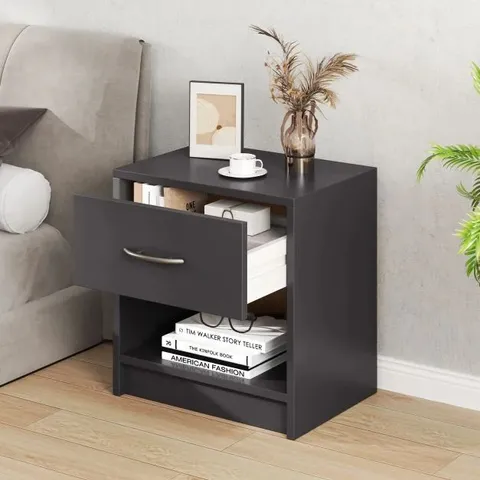 BOXED COSTWAY BEDSIDE TABLE NIGHTSTAND WITH DRAWER AND OPEN STORAGE SHELF - GREY