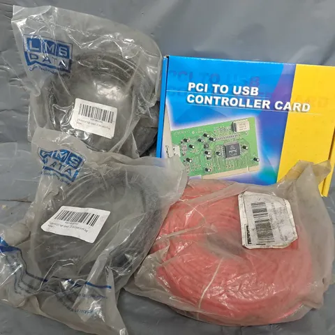 APPROXIMATELY 14 ASSORTED ITEMS TO INCLUDE PCI TO USB CONTROLLER CARD, HIGH SPEED CABLES, ETC
