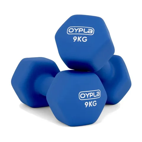 BOXED PAIR OF 9KG HEX ANTI ROLL NEOPRENE NON SLIP HAND DUMBBELLS WORKOUT WEIGHTS