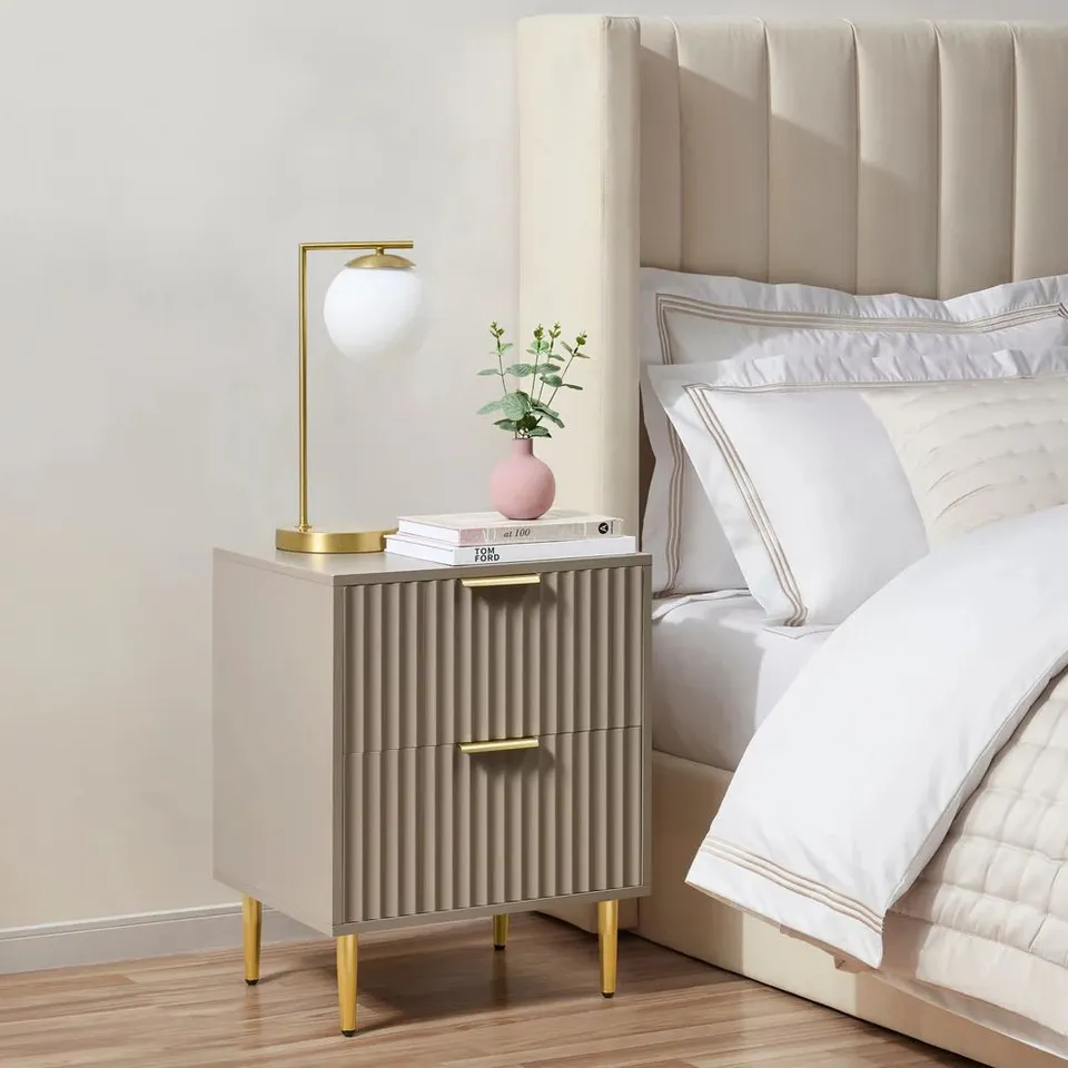 BOXED DUSK EVIE 2 DRAWER BEDSIDE TABLE - TAUPE (1 BOX)