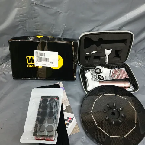 APPROXIMATELY 10 ASSORTED HOUSEHOLD PRODUCTS TO INCLUDE SOLAR FOUNTAIN LIGHTS, WRAP-IT TAGS, HAIR TRIMMER SET ETC