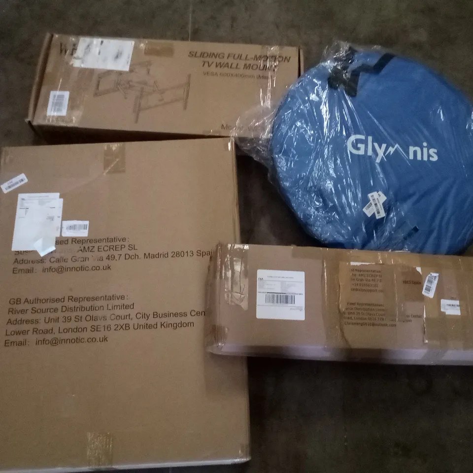 PALLET OF ASSORTED ITEMS INCLUDING SLIDING FULL MOTION TV WALL MOUNT, CLOTHES DRYING RACK, POP UP TENT, HBADA OFFICE CHAIR