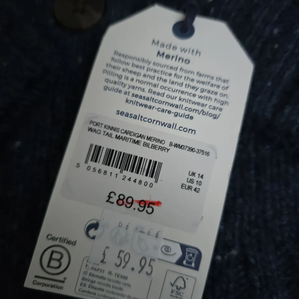 SEASALT CORNWALL PORT KINNIS MERINO CARDIGAN – NAVY WITH BILBERRY YOKE, UK 14