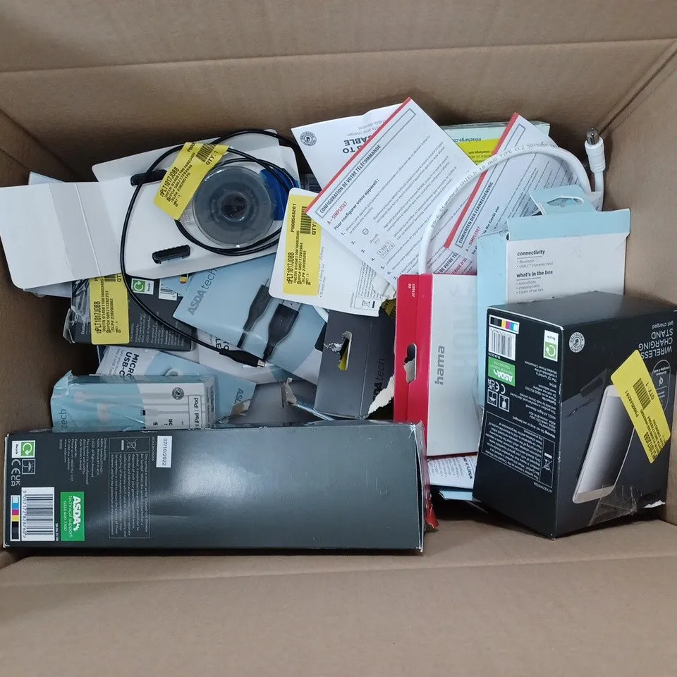 BOX OF APROXIMATELY 15 ASSORTED ITEMS TO  INCLUDE; ONE FOR ALL  REMOTE - FM ALARM CLOCK - PERSONAL CD PLAYER ECT