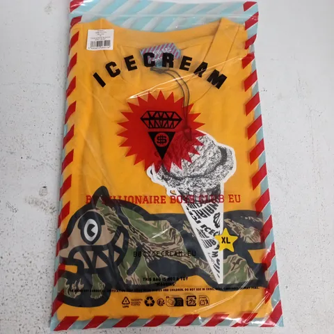 BAGGED BILLIONAIRE BOYS CLUB ICE CREAM TIGER STRIPE RUNNING DOG T-SHIRT IN YELLOW - XL