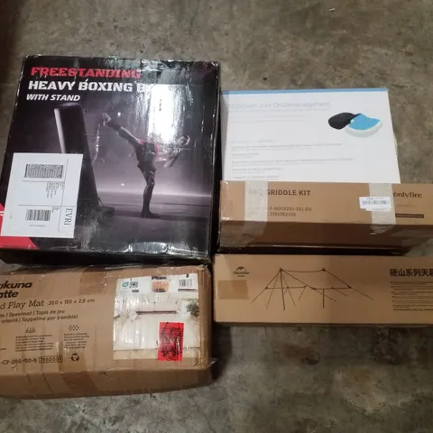 PALLET CONTAINING ASSORTED PRODUCTS INCLUDING HEAVY BOXING BAG, SEAT CUSHION, CLOUD PLAY MAT, BBQ GRIDDLE KIT & AWNING TENT