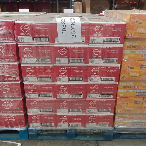 PALLET TO CONTAIN APPROX 54 BOXES OF BUTTERKIST TOFFEE POPCORN - 14 X 170g BAGS PER BOX // BEST BEFORE: 04/2025