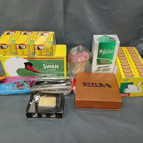 TOTE OF ASSORTED HOUSEHOLD ITEMS TO INCLUDE SWAN VESTA'S, LIGHTERS AND ASH TRAY