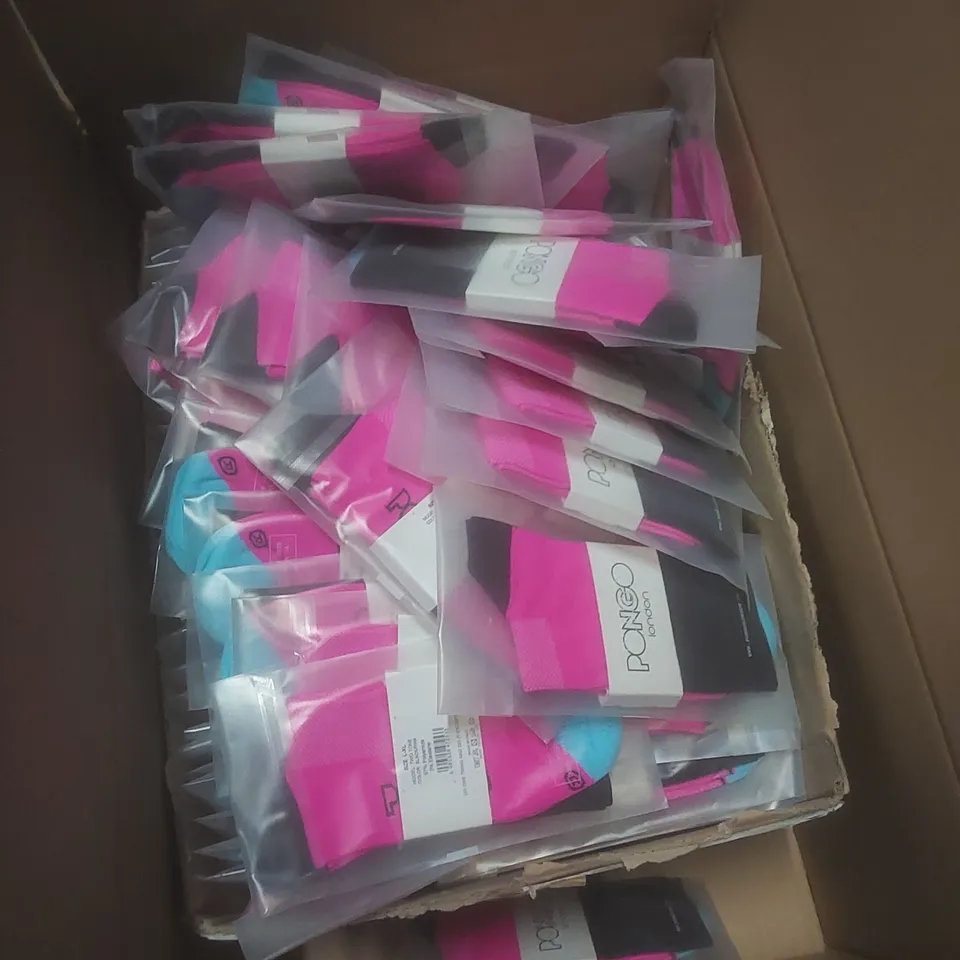 BOX TO CONTAIN APPROX 100 BRAND NEW PAIRS OF PONGO LONDON CYCLING SOCKS - BLACK/PINK // SIZE: XL // 1 PAIR PER PACK