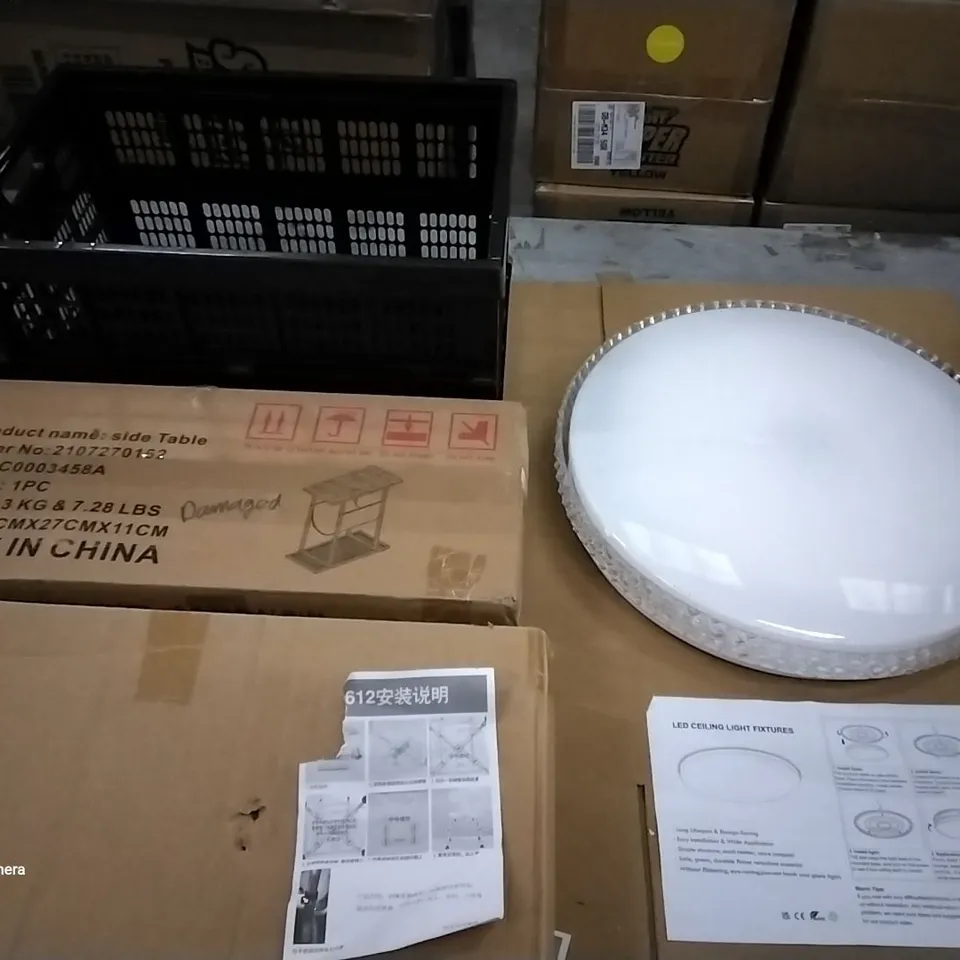 PALLET OF ASSORTED ITEMS TO INCLUDE A SIDE TABLE,  LED CEILING LIGHT FIXTURE , CRATE , CHAIR