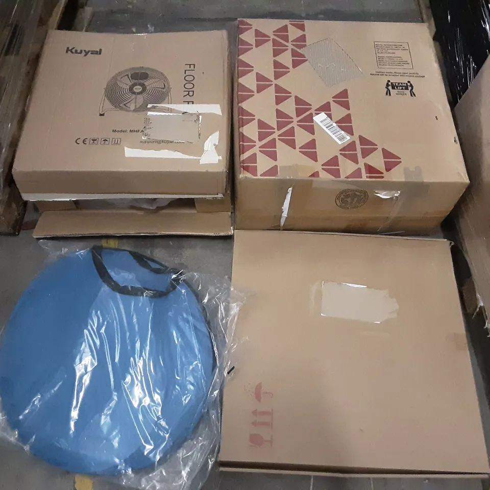 PALLET OF ASSORTED PRODUCTS INCLUDING KERALA FLOOR FAN, STOREMIC FLOATING SHELF, DONYER POWER ELECTRICAL PATIO HEATER, KARY LED DESK LAMP, GONEX,  3 LAYERS OF CLOTHES HANGERS