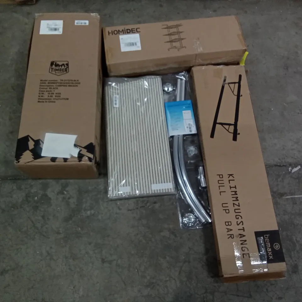 PALLET OF ASSORTED ITEMS INCLUDING TIMBER RIDGE CAMPING WAGON, HOMIDEC DRYING RACK, BEMAXX PULL UP BAR, CURVED SHOWER CURTAIN ROD, RIDGE SKATEBOARDS
