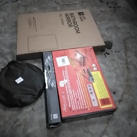 PALLET OF HOUSEHOLD ITEMS TO INCLUDE BATHROOM MIRROR, HEAVY DUTY LAMINATE VINYL FLOOR CUTTER,MOUSE PAD AND OTHER ASSORTED ITEMS...