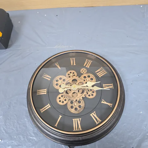ROUND STEAMPUNK GEAR WALL CLOCK – BLACK & ANTIQUE GOLD, BATTERY OPERATED