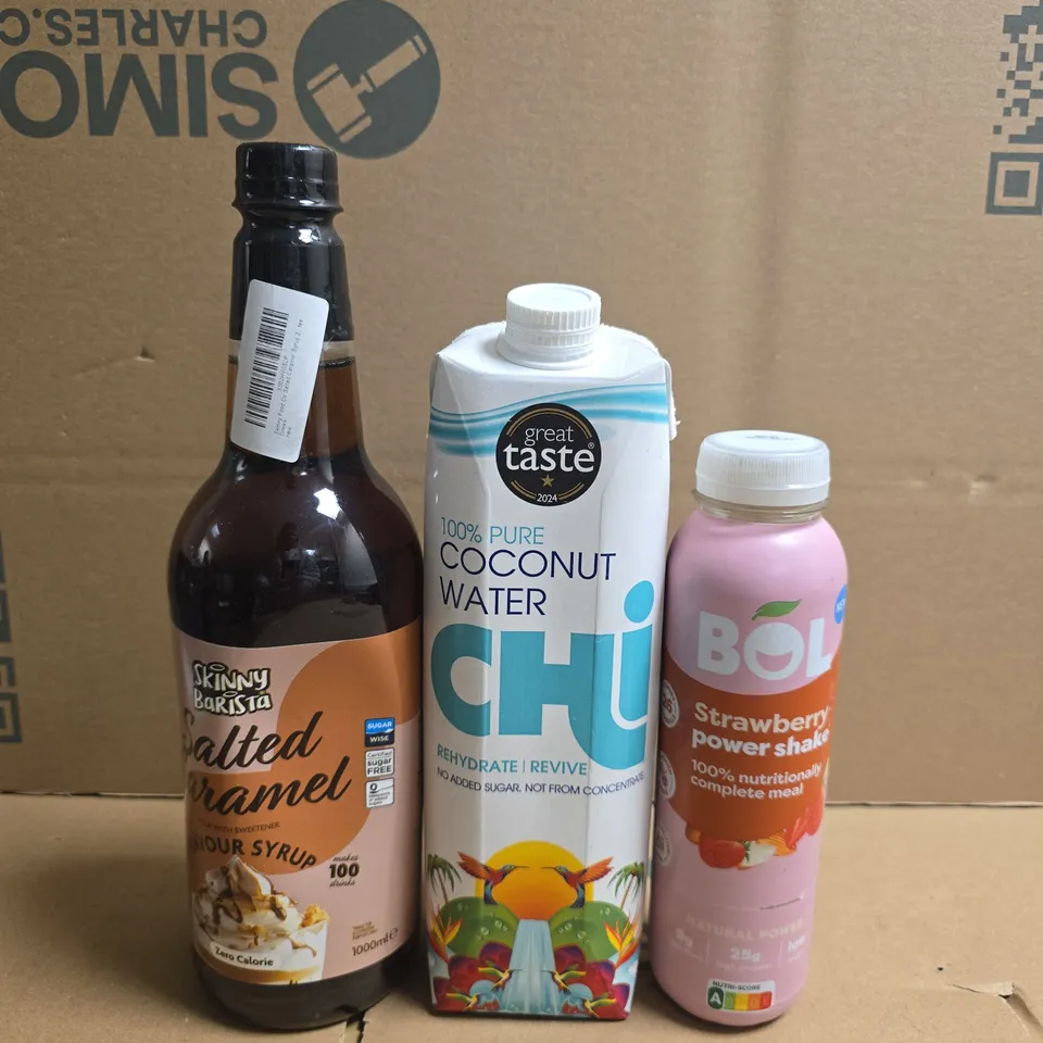 APPROXIMATELY 5 ASSORTED FOOD AND DRINK ITEMS TO INCLUDE POWER SHAKE, COCONUT WATER AND SLATED CARAMEL SYRUP