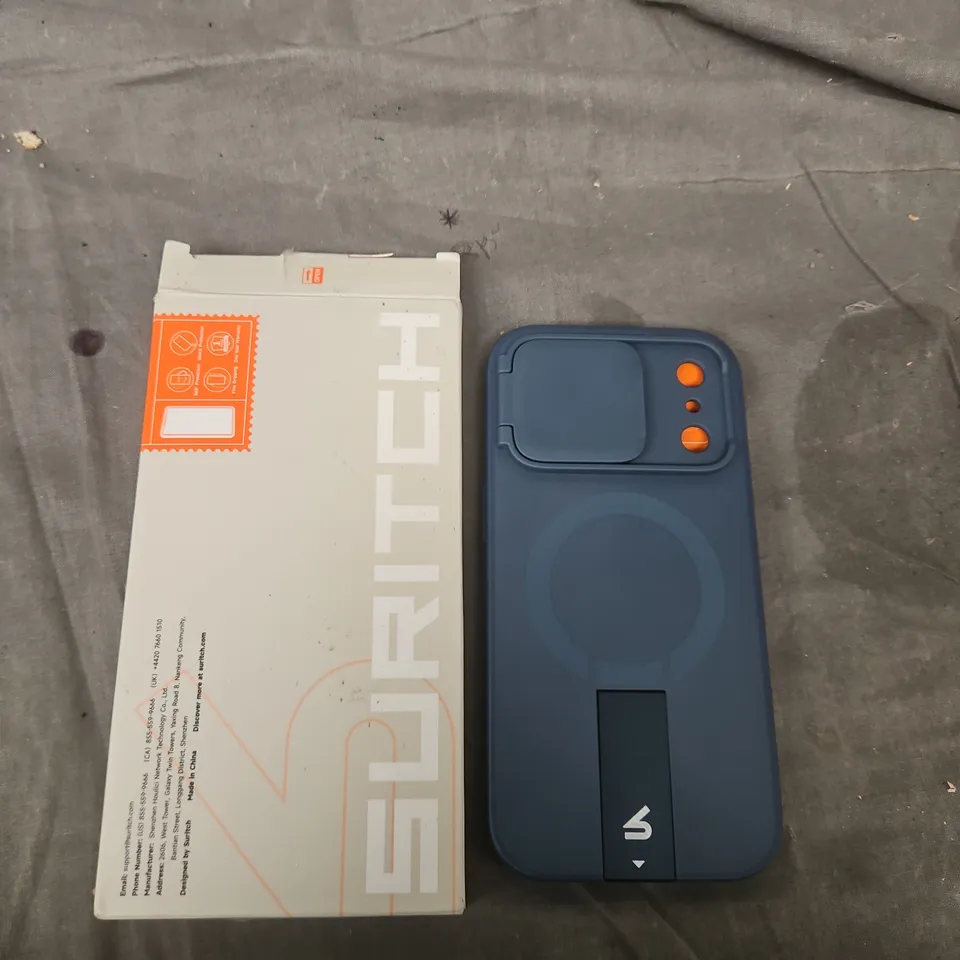 BLUE MOBILE PHONE-STYLE DEVICE WITH ORANGE CONTROLS –