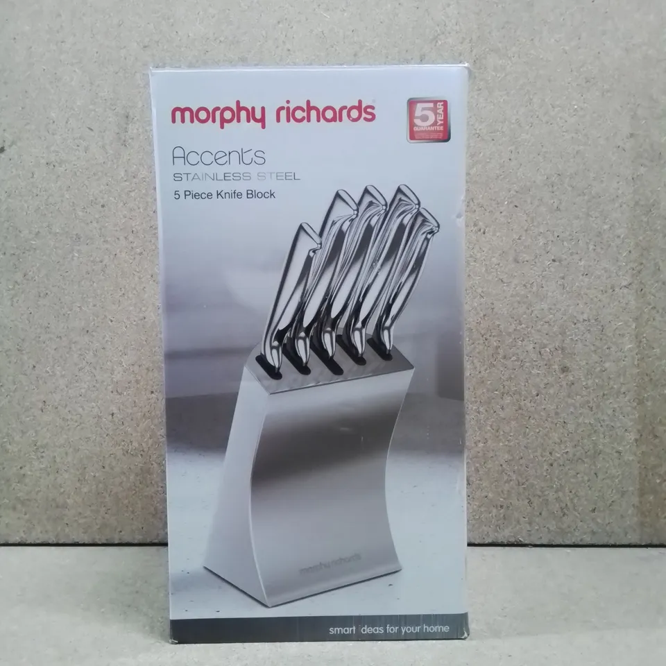 BOXED MORPHY RICHARDS STAINLESS STEEL 5 PIECE KNIFE BLOCK