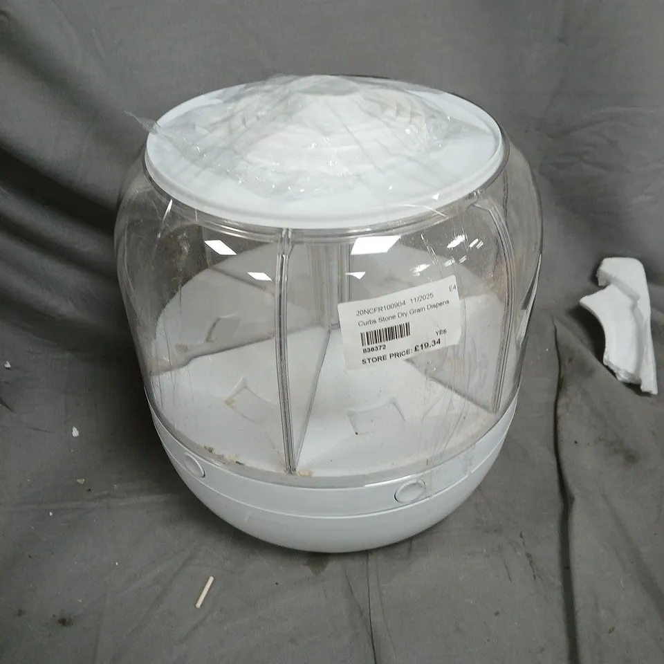 CURTIS STONE DRY GRAIN DISPENSER – CLEAR JAR, WHITE BASE