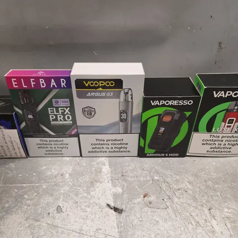 BOX OF APPROXIMATELY 20 ASSORTED E-CIGARETTES TO INCLUDE - VAPORESSO, VOO POO, ELFBAR ETC