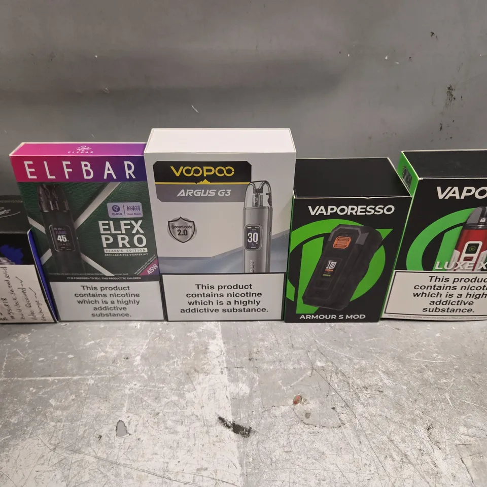 BOX OF APPROXIMATELY 20 ASSORTED E-CIGARETTES TO INCLUDE - VAPORESSO, VOO POO, ELFBAR ETC 