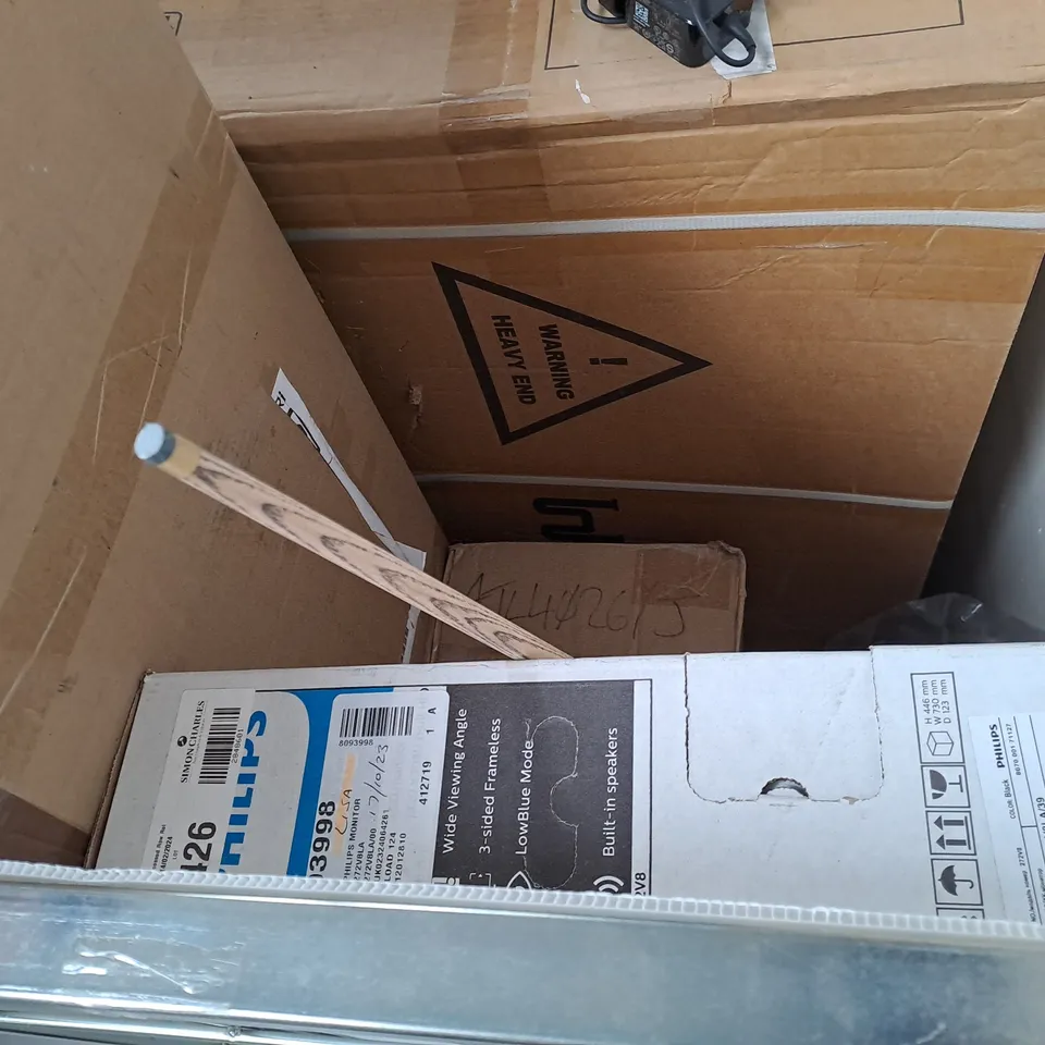 CAGE OF ASSORTED HOUSEHOLD ITEMS TO INCLUDE PHILIPS MONITOR, POOL CUE, ETC - COLLECTION ONLY