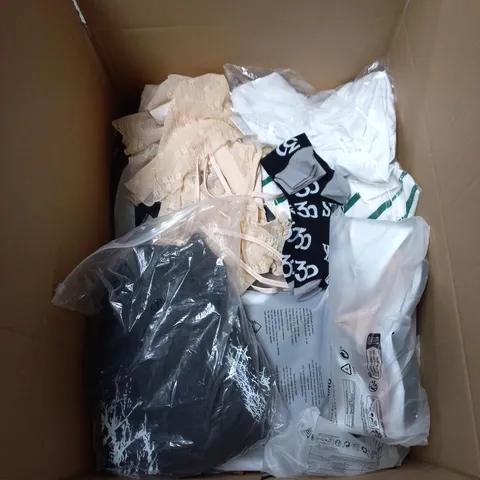 BOX OF APPROXIMATELY 25 ASSORTED CLOTHING ITEMS IN VARIOUS STYLES , COLOURS AND SIZES