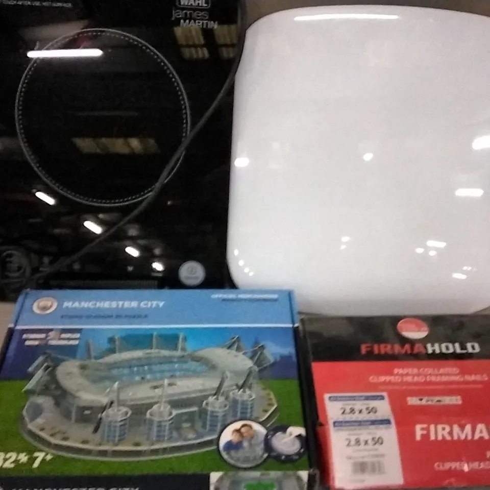 APPROXIMATELY NINE ASSORTED PRODUCTS TO INCLUDE; MANCHESTER CITY ETIHAD STADIM 3D PUZZLE, WAHL JAMESMARTIN HOB, FIRMAHOLD FRAMING NAILS AND SAKURA BATTERY CHARGER