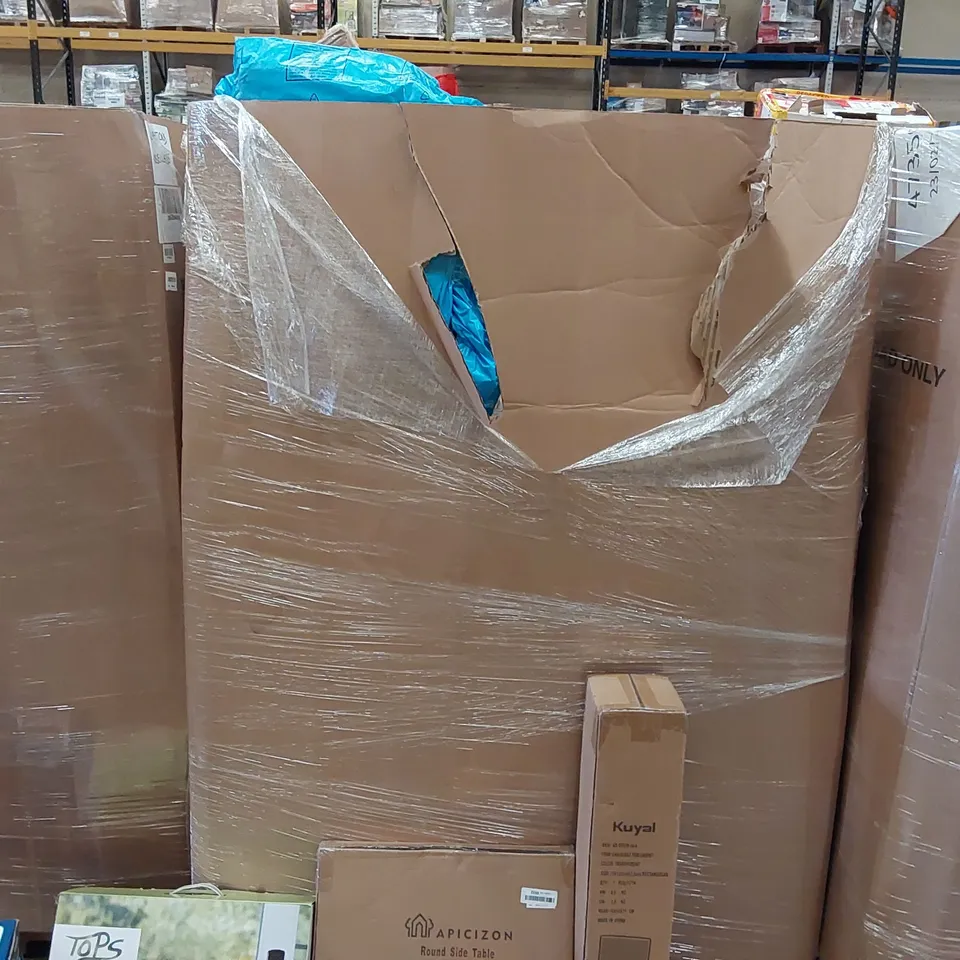 PALLET OF ASSORTED ITEMS INCLUDING: ELECTRIC BLANKET, LED PANEL, ROUND SIDE TABL3 CHILDREN'S PLAY SET, CHAIR MAT, STEEL PET STAIRS