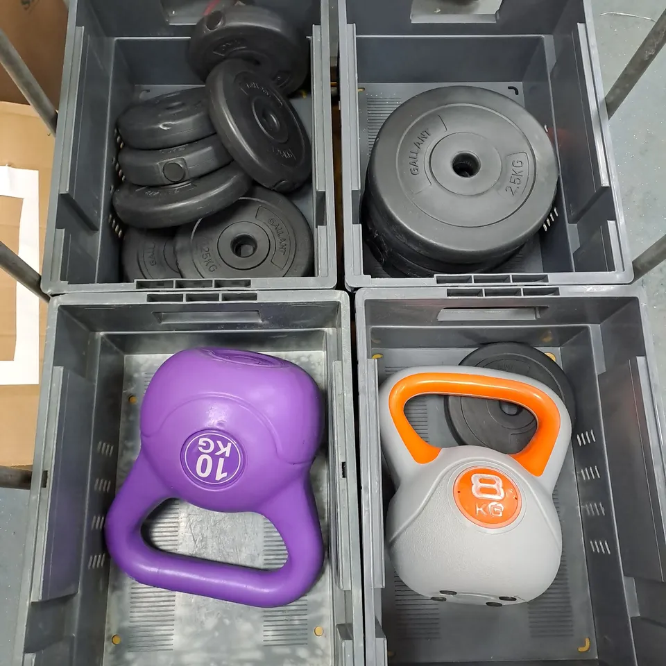 TWO KETTLE BELLS AND ASSORTED WEIGHTS