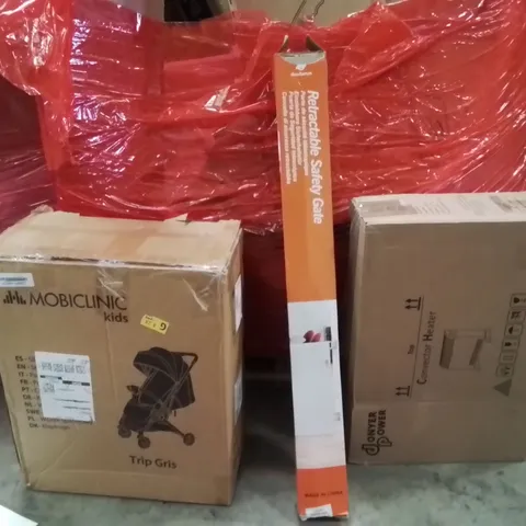 PALLET OF ASSORTED HOUSEHOLD GOODS AND PRODUCTS TO INCLUDE;CONVECTOR HEATER,RETRACTABLE SAFETY GATE,PRAM