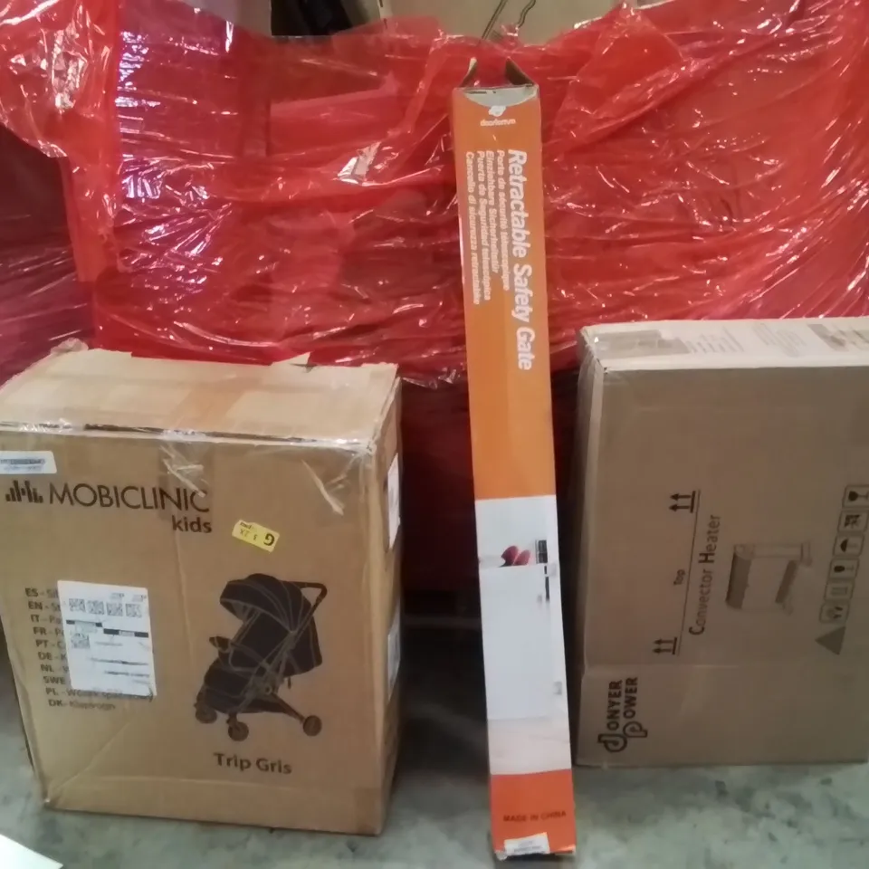 PALLET OF ASSORTED HOUSEHOLD GOODS AND PRODUCTS TO INCLUDE;CONVECTOR HEATER,RETRACTABLE SAFETY GATE,PRAM
