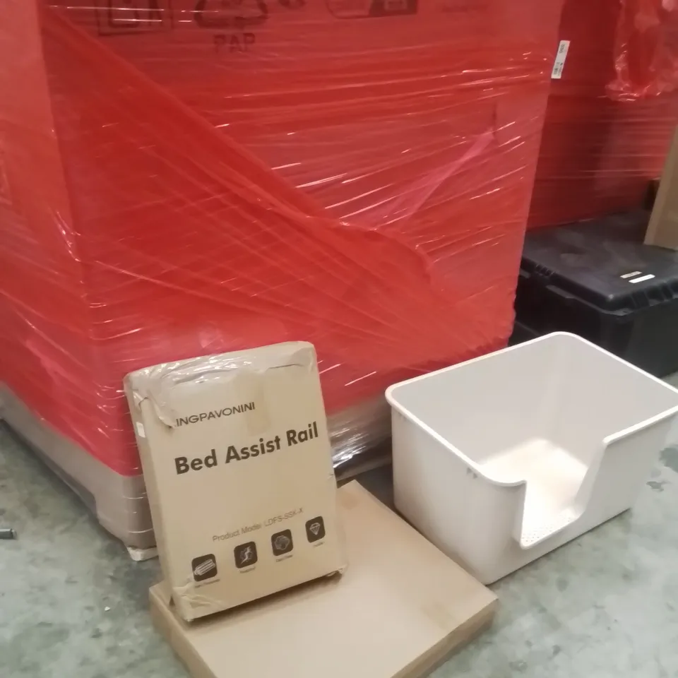 PALLET OF ASSORTED HOUSEHOLD GOODS AND PRODUCTS TO INCLUDE;BED ASSIST RAIL,ATHLETIC JERSEY FRAME,CAT TRAY 