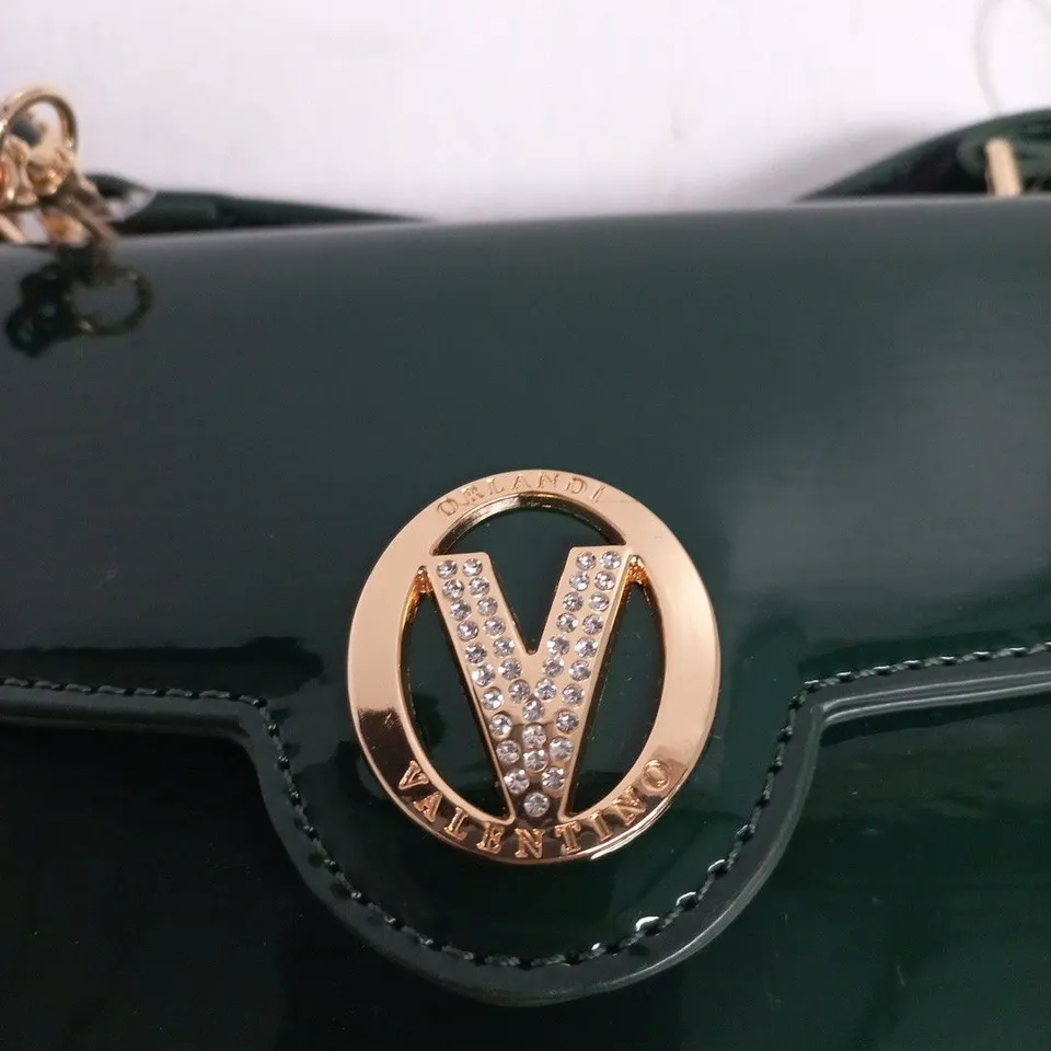 Orlandi green patent leather handbag with gold-tone V logo
