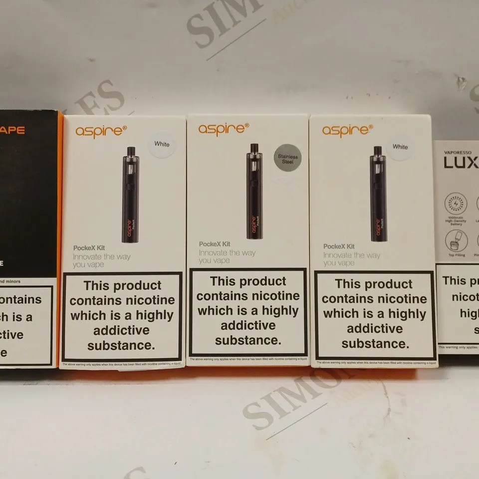 BOX OF 5 ASSORTED VAPE KITS TO INCLUDE GEEKVAPE ONE, ASPIRE POCKEX, VAPORESSO LUXE Q