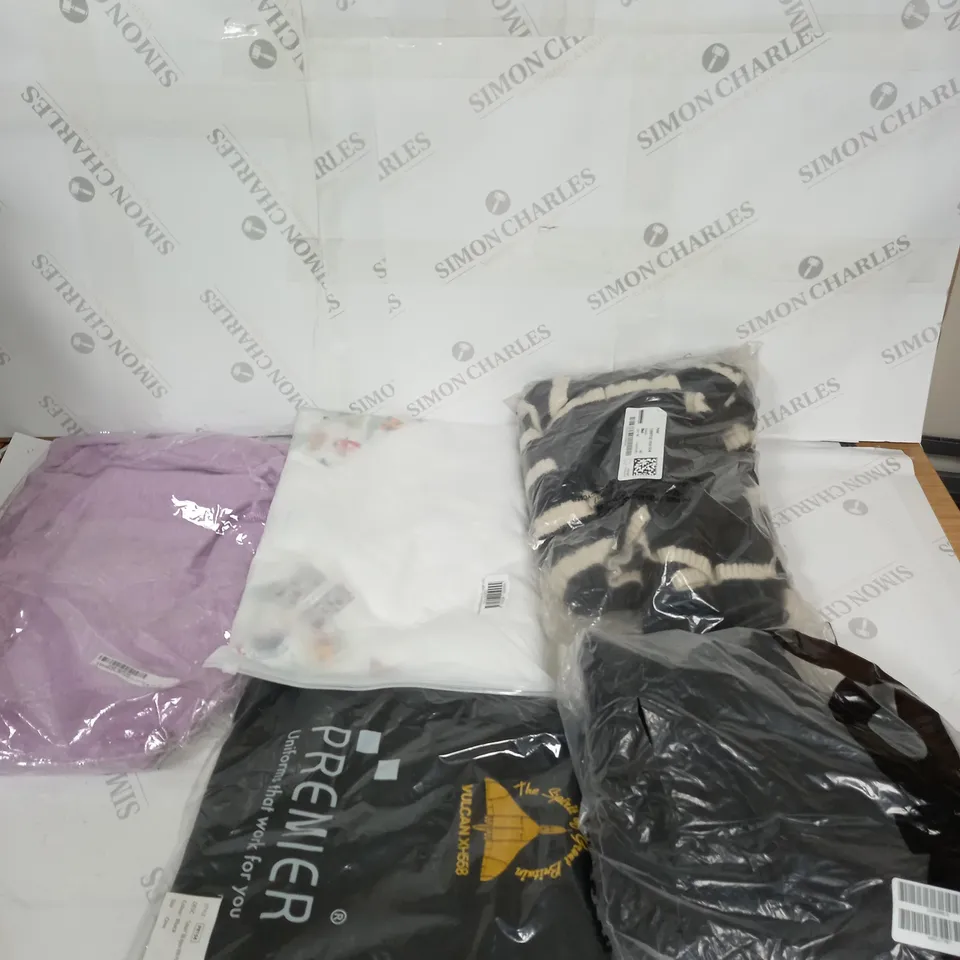 LARGE BOX OF ASSORTED CLOTHING ITEMS IN VARIOUS COLOURS AND SIZES INCLUDING TROUSERS , TOPS AND JUMPERS 