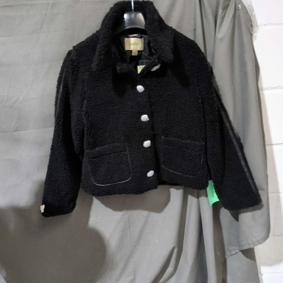OASIS BLACK FAUX SHEARLING JACKET – WOMEN'S, BUTTON FRONT, PATCH POCKETS 
